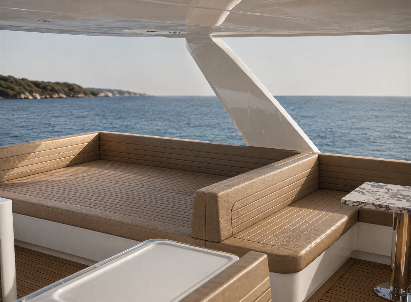 Flybridge sun lounge at anchor