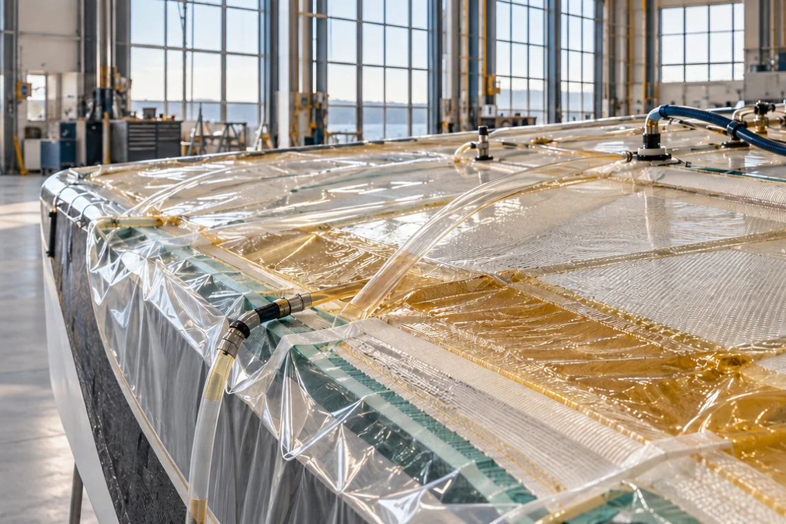 Vacuum-bagged hull laminate curing in the shipyard