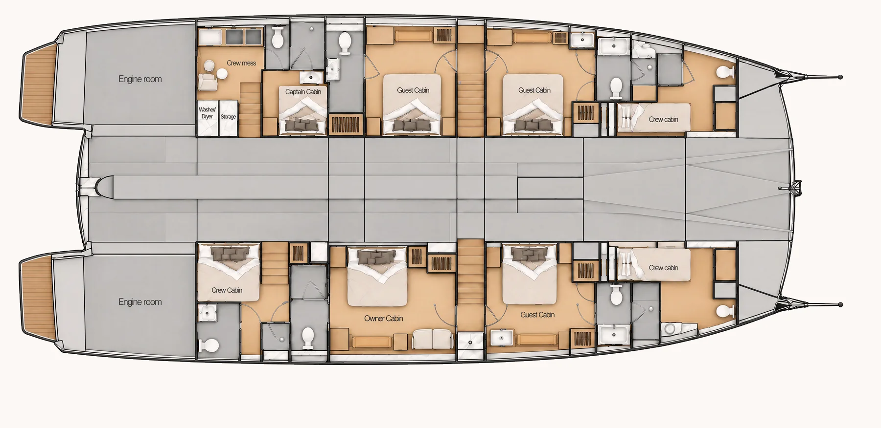 sv70 owner's cabin, four guest cabins, captain's cabin and two crew cabins deck plan