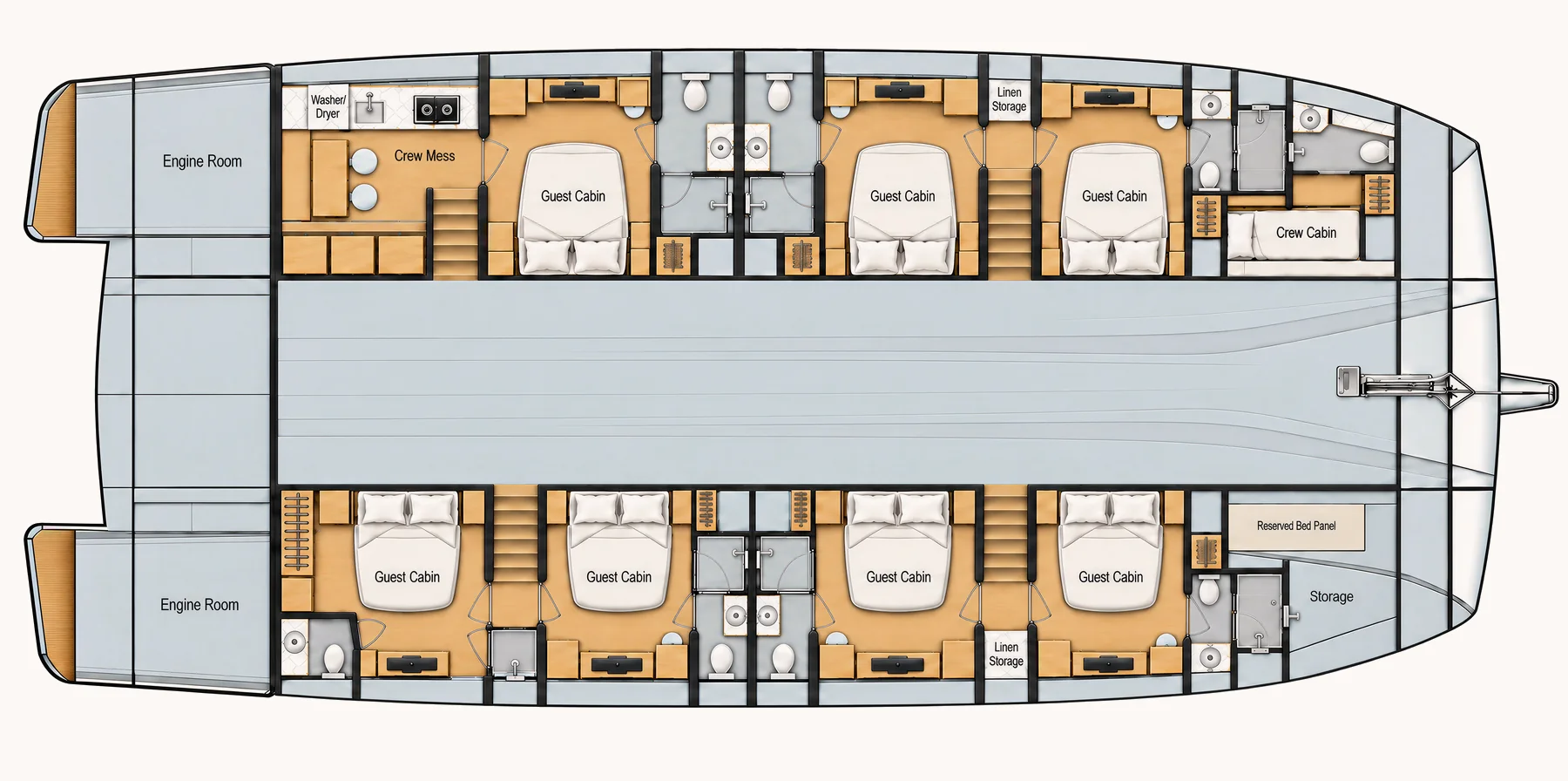 sv80 seven guest cabins and one crew cabin deck plan
