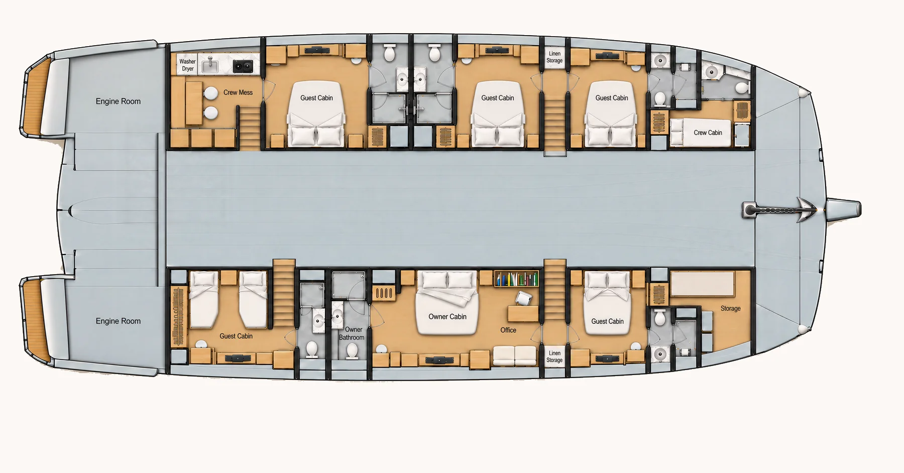 sv80 owner's cabin, five guest cabins and one crew cabin deck plan