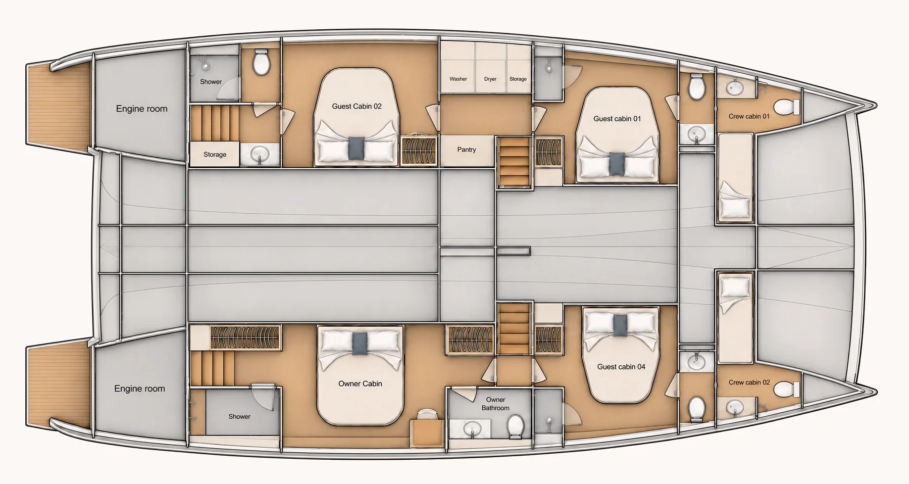 v62 four cabins, two crew deck plan