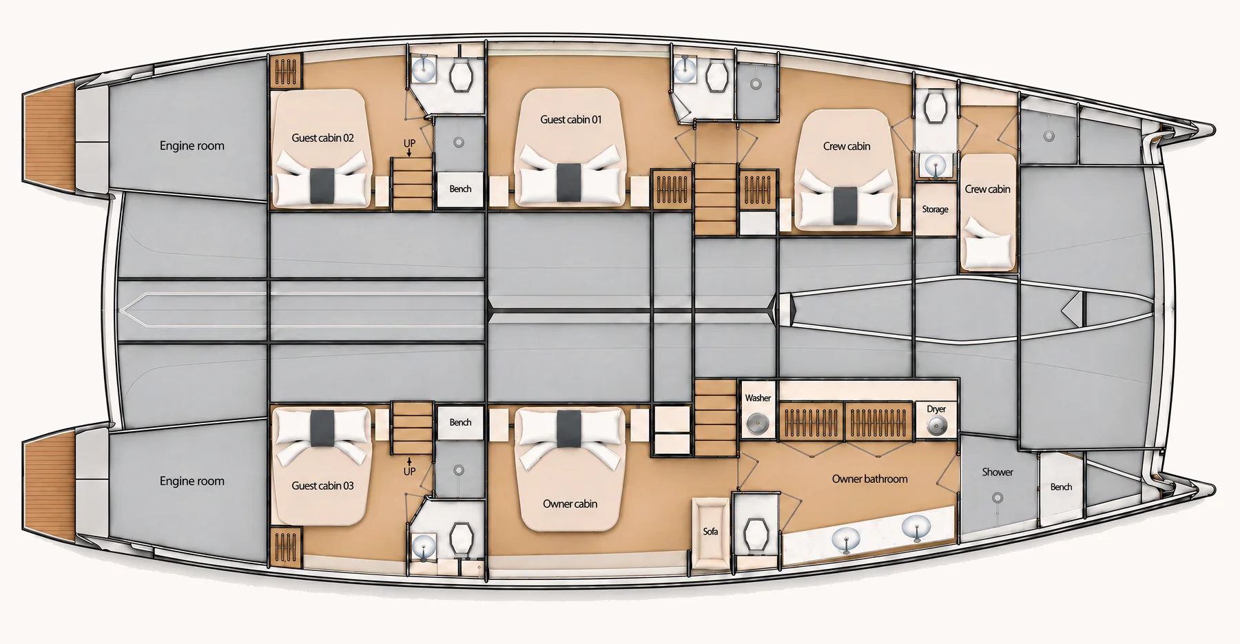 v62 four cabins, three crew deck plan