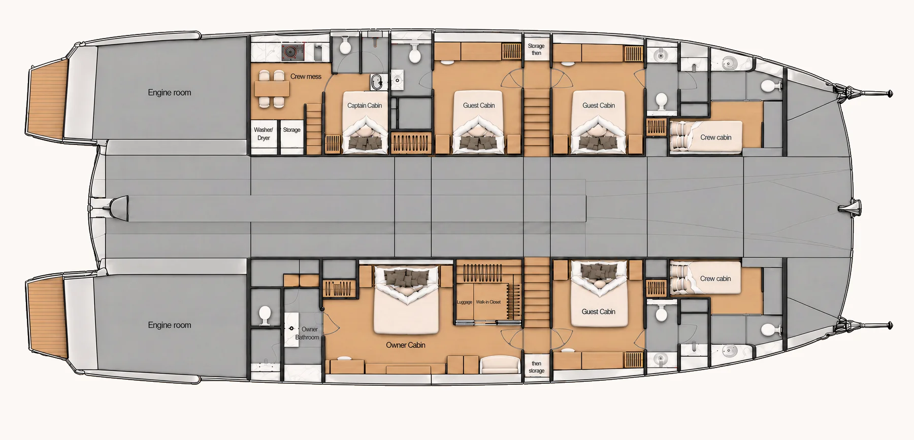 v70 owner's cabin, three guest cabins, captain's cabin and two crew cabins deck plan