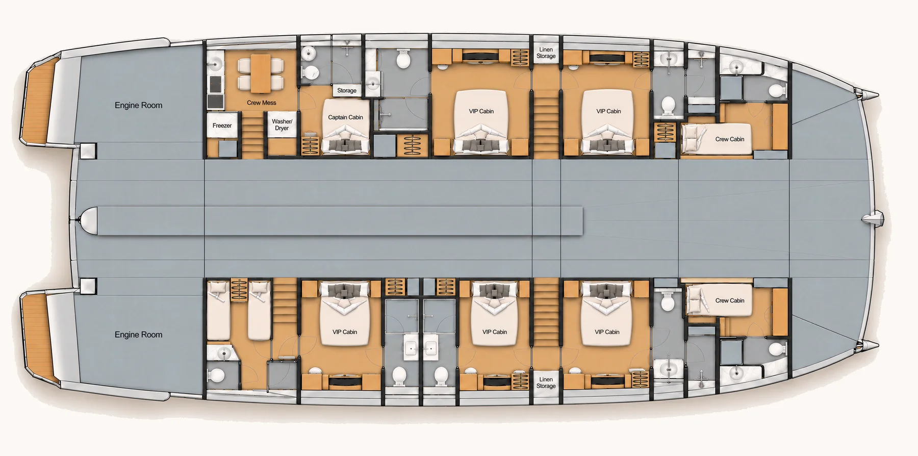 v80 five VIP cabins, one guest cabin, captain's cabin and two crew cabins deck plan