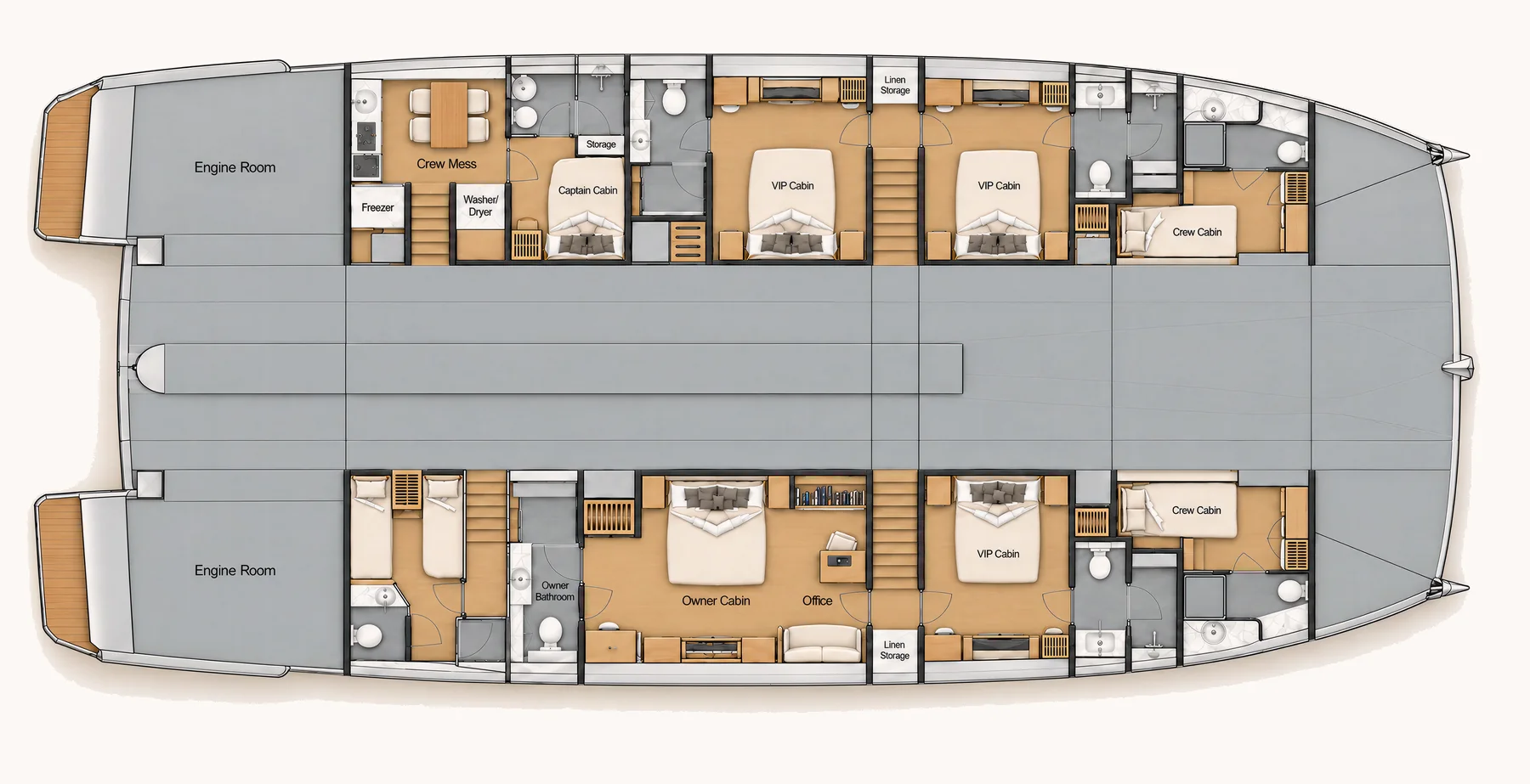 v80 owner's cabin, three VIP cabins, one guest cabin, captain's cabin and two crew cabins deck plan